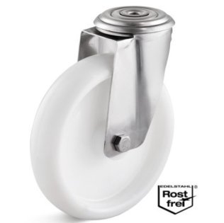 Roata polipropilena, rulment si carcasa pivotanta cu alezaj INOX, WLL=130 kg, D=100 mm
