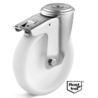 Roata polipropilena, rulment si carcasa pivotanta cu frana si alezaj INOX, WLL=130 kg, D=100 mm