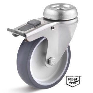Roata termoplast cu lagar alunecare, carcasa pivotanta cu frana si alezaj INOX, WLL=40 kg, D=50 mm