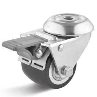 Roata showbiz din poliuretan, carcasa pivotanta cu frana si alezaj, WLL=100 kg, D=33 mm