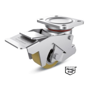 Roata poliuretan rigid carcasa INOX pivotanta cu frana si ridicare