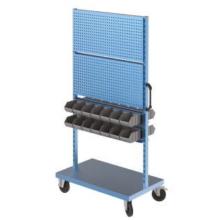 Stand mobil depozitare cu 28 cutii plastic pe 4 rafturi si 4 panouri perforate 1000x600x1960mm