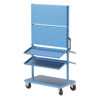 Stand mobil depozitare cu 4 rafturi inclinate si 4 panouri perforate 1000x600x1960mm