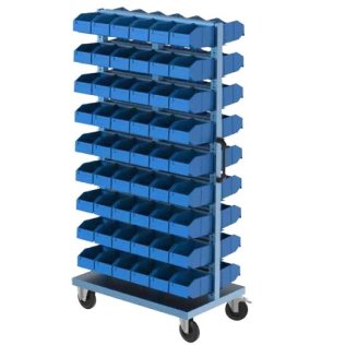 Stand mobil depozitare cu 108 cutii plastic pe 18 rafturi 1000x600x1960mm