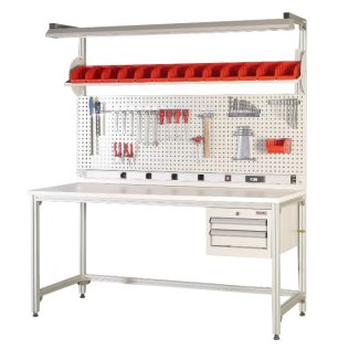Banc de lucru profil aluminiu cu 2 sertare si panou scule cu 14 cutii 1700x650x850mm