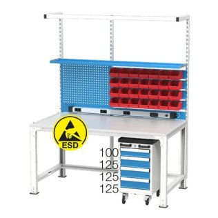 Banc de lucru electronic placat ESD cu 1 raft, carucior cu 4 sertare si 28 cutii LINBIN