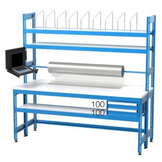 Banc de lucru impachetare cu 2 sertare, 3 rafturi, bara rla si consola laptop 2100x900x2000mm