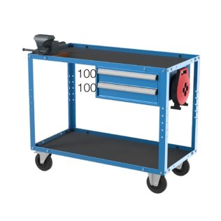 Banc de lucru mobil cu 1 raft, 2 sertare, cablu de extensie si menghina 1120x570x900 mm