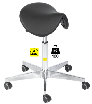 Taburet ESD seria SADDLE Standard poliuretan WLL=120kg H=530-710mm, cu roti din cauciuc cu frana la ridicare si suport
