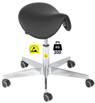 Taburet ESD seria SADDLE Heavy Duty poliuretan WLL=200kg H=450-570mm, cu roti din cauciuc cu frana la asezare si suport