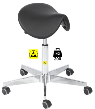 Taburet ESD seria SADDLE Heavy Duty poliuretan WLL=200kg H=530-710mm, cu roti din metal