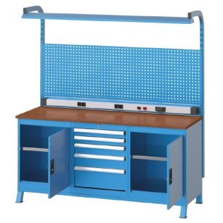 Banc de lucru cu instalatie electrica cu 2 dulapuri si 5 sertare 1700x600x850mm