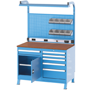 Banc de lucru cu instalatie electrica cu 6 sertare, 1 dulap si 8 cutii 1120x600x850mm