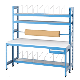 Banc de lucru impachetare cu 1 sertar, 3 rafturi si rulou 2100x900x2000mm