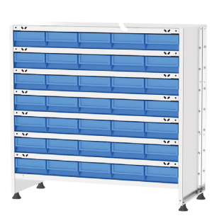 Dulap metalic depozitare in cutii de plastic cu 7 rafturi si 35 cutii 980x430x920mm