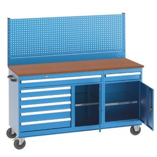 Banc de lucru mobil cu 7 sertare, 2 rafturi si panou perforat, 1700x600x1610mm