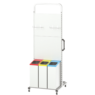 Stand mobil produse curatenie cu panou perforat si 3 cosuri gunoi