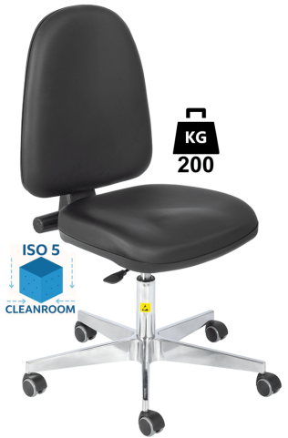 Scaun Clean-Room BASIC husa vinil WLL=200kg H=455-585mm cu roti din cauciuc fara frana