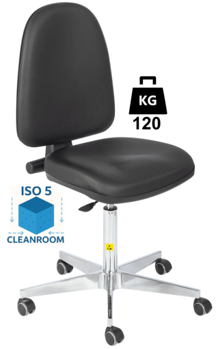 Scaun Clean-Room BASIC husa vinil WLL=120kg H=545-730mm cu roti din metal si suport