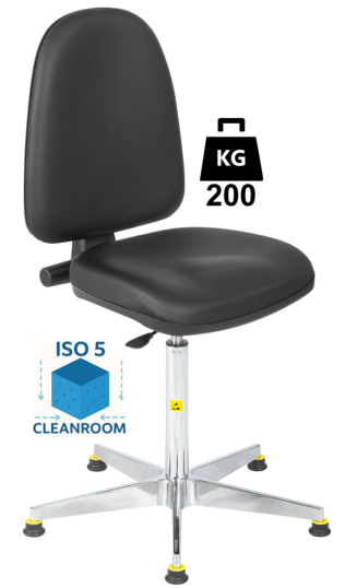 Scaun Clean-Room BASIC husa vinil WLL=200kg H=575-830mm cu suport si cotiere din metal