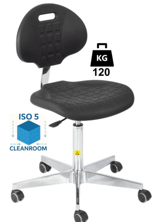 Scaun Clean-Room POLYURETHAN WLL=120kg H=505-690mm cu roti din cauciuc cu frana la asezare si suport