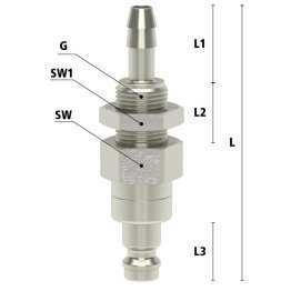 Niplu cupla rapida fara scurgere cu racord furtun si piulita fixare Seria ESMN-SSVAB din alama MS 58 nichelata DN=6 mm