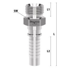 Niplu cu con 60° cu filet exterior si guler sertizare fasung PHE cu racord furtun din INOX 1.4305 filet G 3/4"