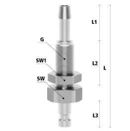Racord cupla rapida pneumatica cu racord furtun si pilita de fixare Seria ESMCE MICRO DN 2.7 din INOX 1.4305 cu ventil unidirectional DN= 3mm