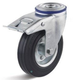 Roata cu carcasa pivotanta cu frana cu alezaj si cauciuc negru rigid WLL=135 kg, D=160 mm