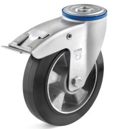 Roata cauciuc elastic, carcasa pivotanta cu frana si alezaj, WLL=120 kg, D=80 mm