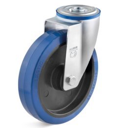 Roata cauciuc elastic albastru, carcasa pivotanta cu alezaj, WLL=350 kg, D=200 mm