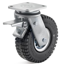 Roata cauciuc superelastic negru, janta otel zincat, carcasa pivotanta cu frana, WLL=260kg, D=250mm