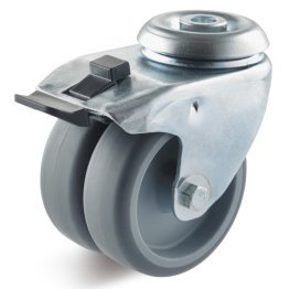 Roata dubla termoplast lagar alunecare, carcasa pivotanta cu frana si alezaj, WLL=100 kg, D=75 mm