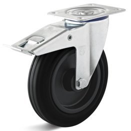 Roata cauciuc termoplastic, rulment cu ace, cu carcasa pivotanta cu frana, WLL=100 kg, D=125 mm
