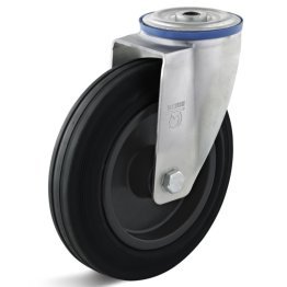 Roata cauciuc termoplastic, rulment cu ace, cu carcasa pivotanta cu alezaj, WLL=100 kg, D=125 mm