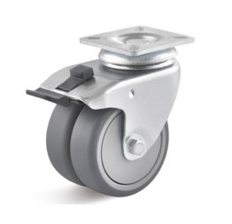 Roata dubla termoplast, rulment cu bila, carcasa pivotanta cu frana, WLL=100 kg, D=75 mm
