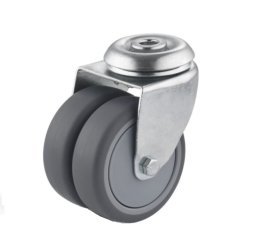 Roata dubla termoplast, rulment cu bila, carcasa pivotanta cu alezaj, WLL=100 kg, D=75 mm