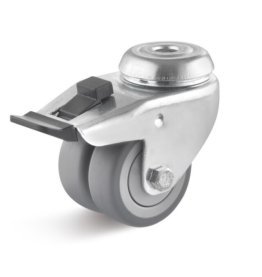 Roata dubla termoplast, rulment cu bila, carcasa pivotanta cu frana alezaj, WLL=100 kg, D=75 mm