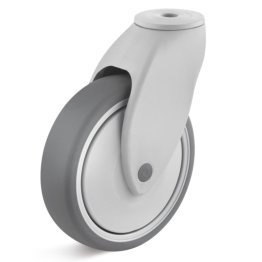 Roata cauciuc termoplastic, rulment cu bila, cu carcasa pivotanta cu alezaj, WLL=100 kg, D=125 mm