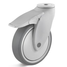 Roata cauciuc termoplastic, rulment cu bila, carcasa pivotanta cu frana si alezaj, WLL=100 kg, D=100 mm