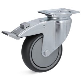 Roata cauciuc termoplastic, rulment cu bila, cu carcasa pivotanta cu frana, WLL=80 kg, D=80 mm