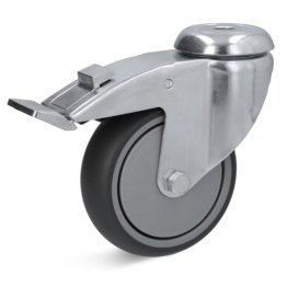 Roata cauciuc termoplastic, rulment cu bila, carcasa pivotanta cu frana si alezaj, WLL=100 kg, D=125 mm