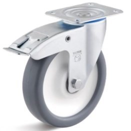 Roata cauciuc termoplastic, rulmenti cu bila, cu carcasa pivotanta cu frana, WLL=150 kg, D=100 mm