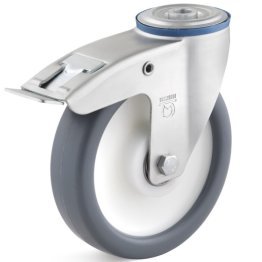 Roata cauciuc termoplastic, rulmenti cu bila, carcasa pivotanta cu frana si alezaj, WLL=200 kg, D=125 mm