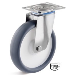 Roata termoplast, rulment si carcasa pivotanta INOX, WLL=80 kg, D=80 mm