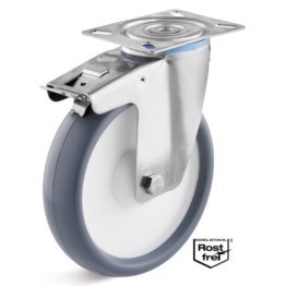 Roata termoplast, rulment si carcasa pivotanta cu frana INOX, WLL=220 kg, D=200 mm