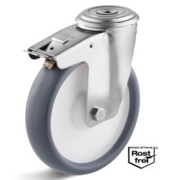 Roata termoplast, rulment si carcasa pivotanta cu frana si alezaj INOX, WLL=220 kg, D=200 mm