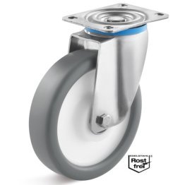 Roata termoplast, rulment si carcasa pivotanta INOX, WLL=200 kg, D=125 mm