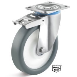 Roata termoplast, rulment si carcasa pivotanta si frana INOX, WLL=200 kg, D=125 mm
