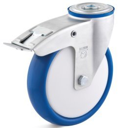 Roata poliuretan, rulment cu bile, carcasa pivotanta cu frana si alezaj, WLL=150 kg, D=100 mm